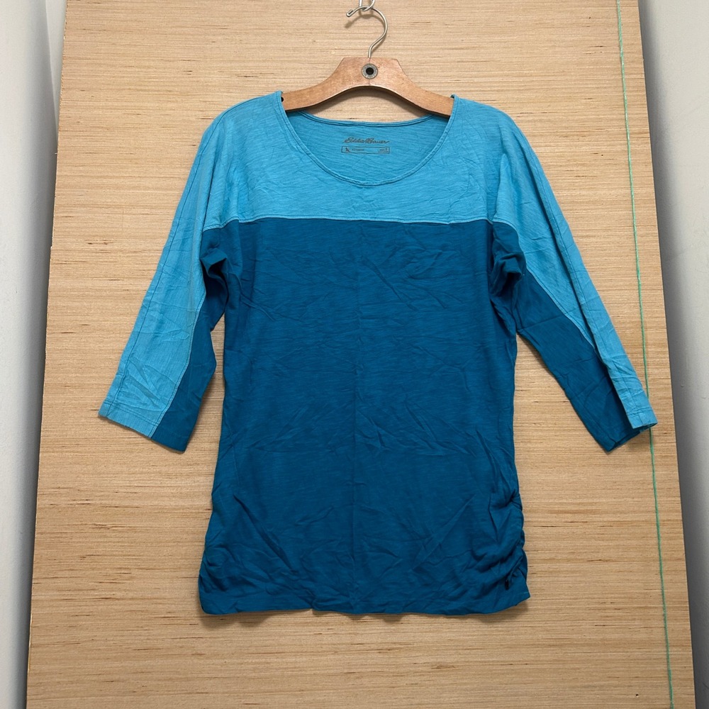 Eddie Bauer Outdoor Blue Colorblock Slub Knit 3/4 Sleeve Scoop Neck Top Womens S